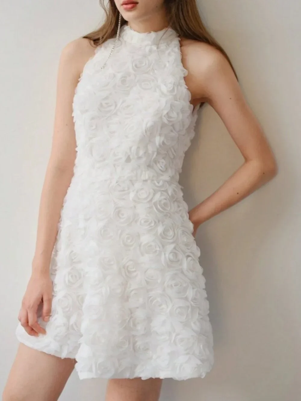White 3D Rosette Halter Mini Dress